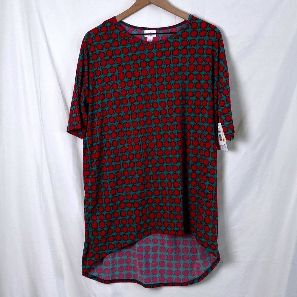 NWT LuLaRoe Women Irma Tunic Top Size S Red Green Polka Dot Oversized Casual